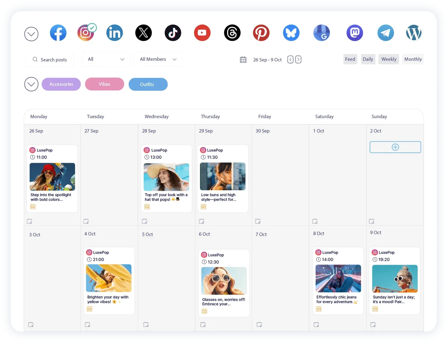 Publer weekly calendar with every supported network along the top and colour-coded label filters