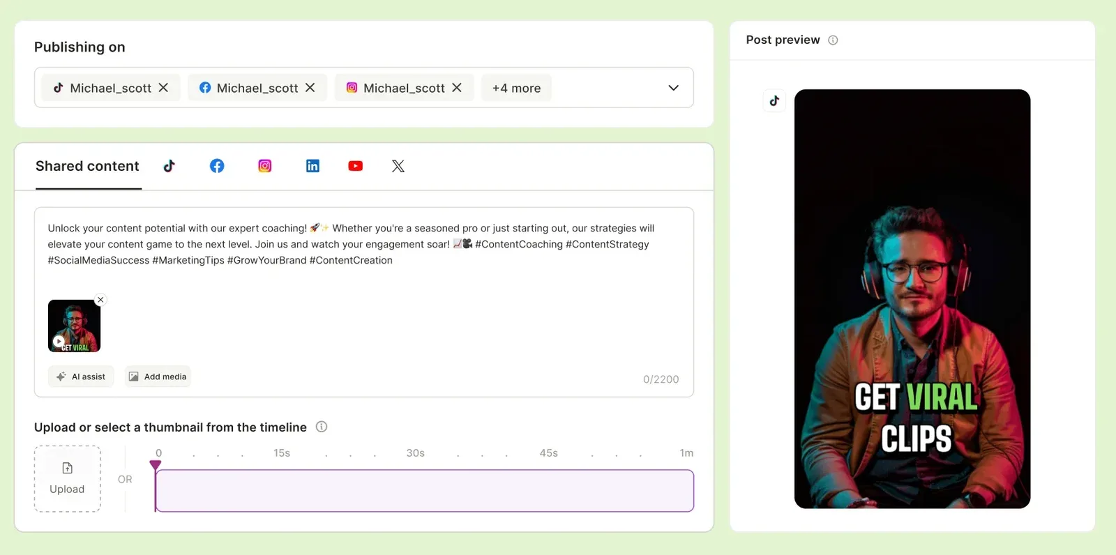 Quso.ai: Post composer publishing a 'Get viral clips' short to TikTok, Facebook, Instagram (+4 more), with per-network tabs, AI assist, thumbnail timeline and a TikTok post preview