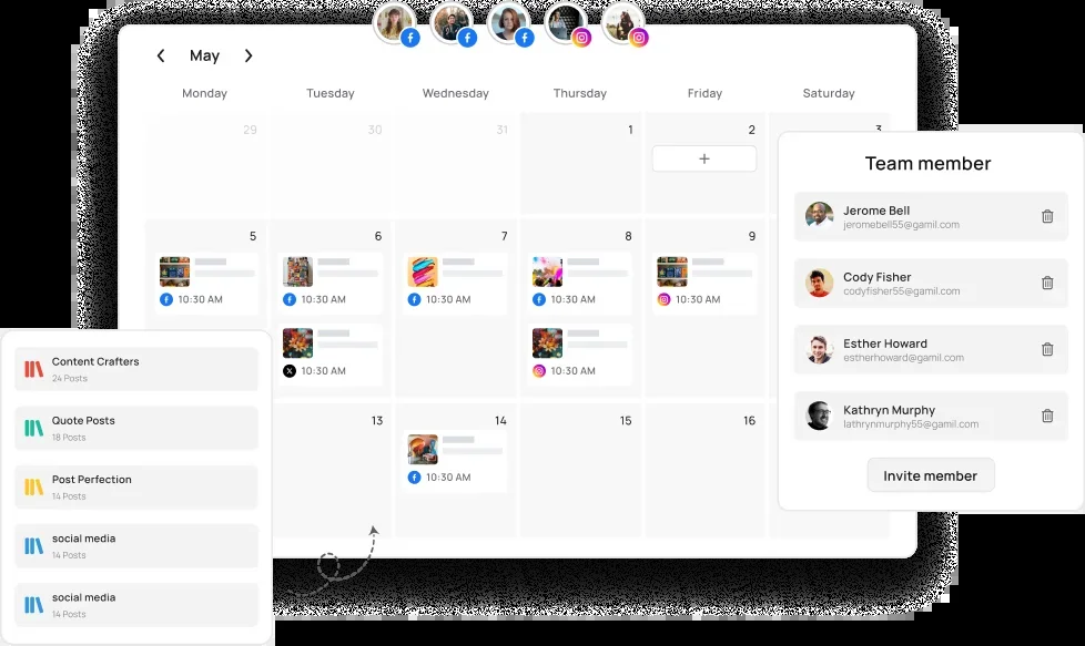 RecurPost: Month calendar of scheduled posts with the content-library sidebar (Content Crafters, Quote Posts...) and team members panel