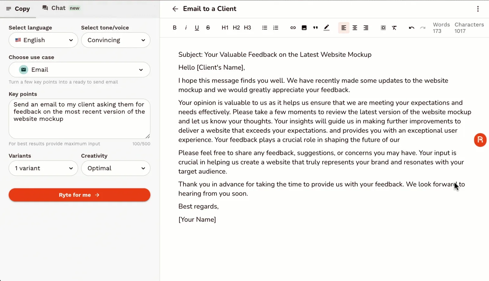 Rytr editor with language, tone, use case and key points settings beside a generated client email
