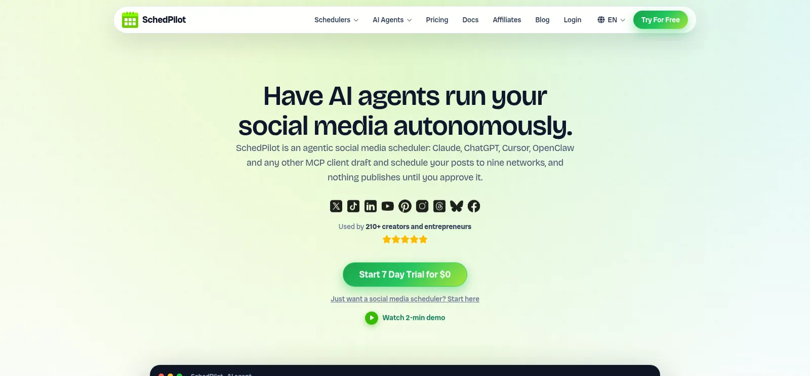 SchedPilot homepage: Have AI agents run your social media, with the nine supported networks and a Claude chat beside a content calendar