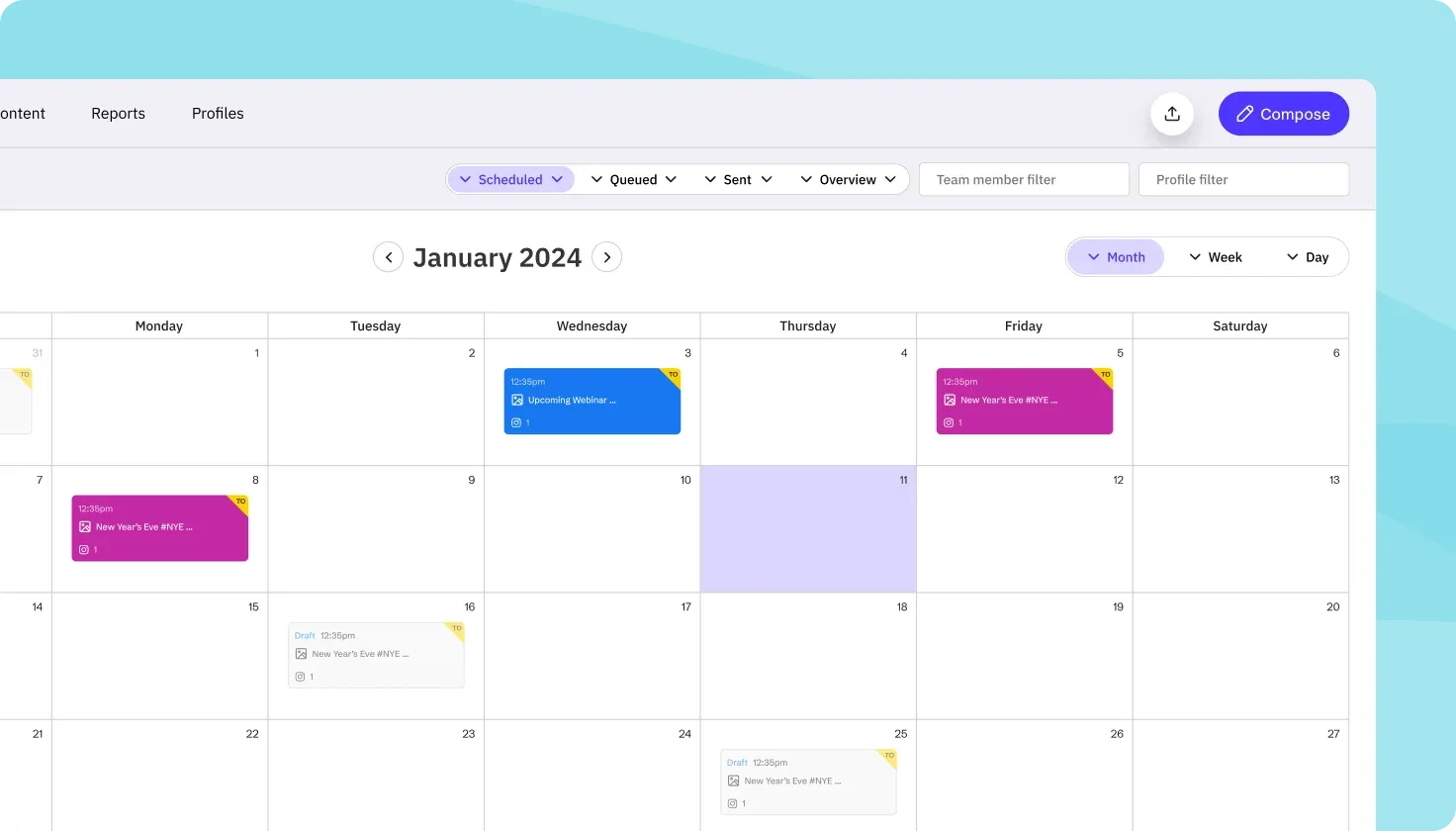 Sendible month calendar with scheduled and draft posts, a Compose button and team member filters