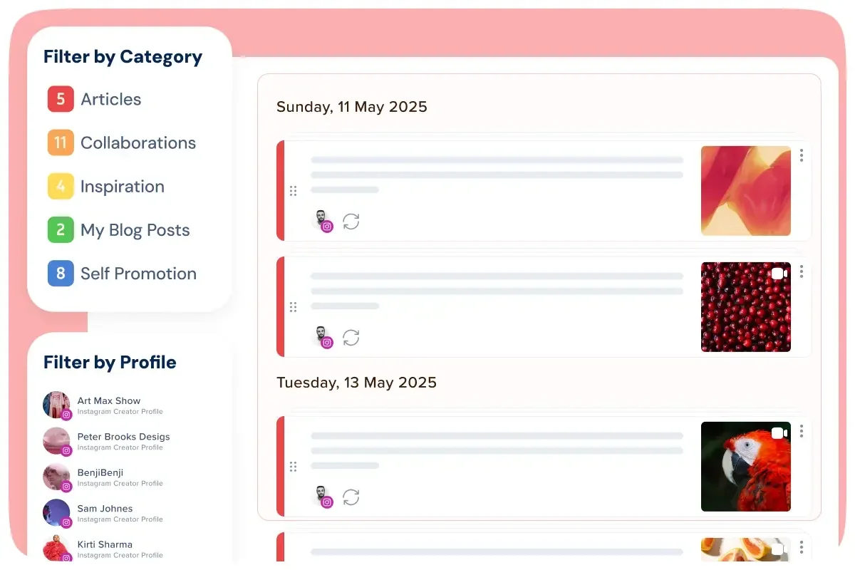 SmarterQueue: Queue view with Filter by Category (Articles, Inspiration, Self Promotion...) and Filter by Profile, recycle icons on posts
