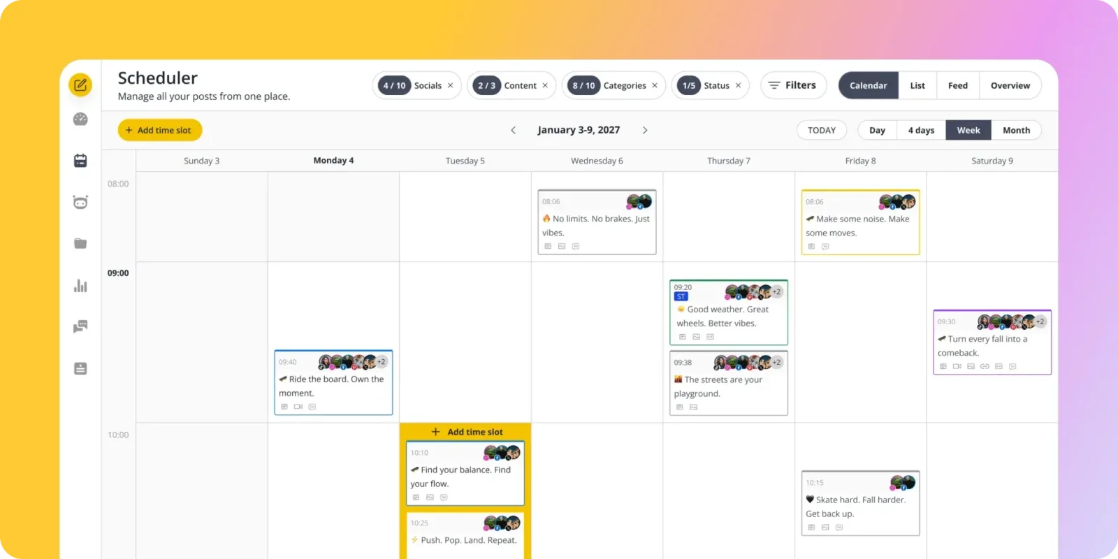 SocialBee scheduler week view with filters for socials, content categories and post status