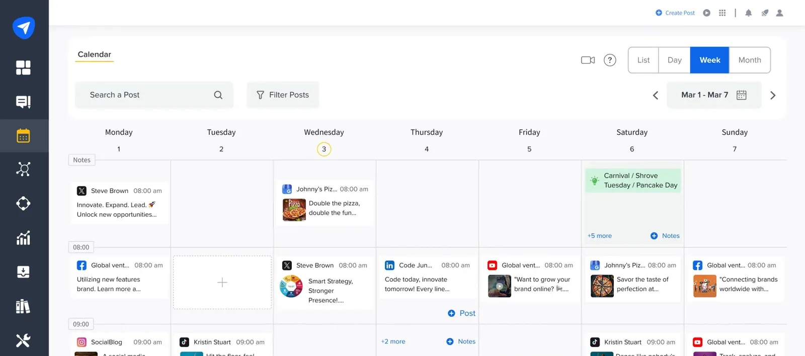 SocialPilot week calendar with posts across X, Facebook, Google Business Profile, LinkedIn and YouTube