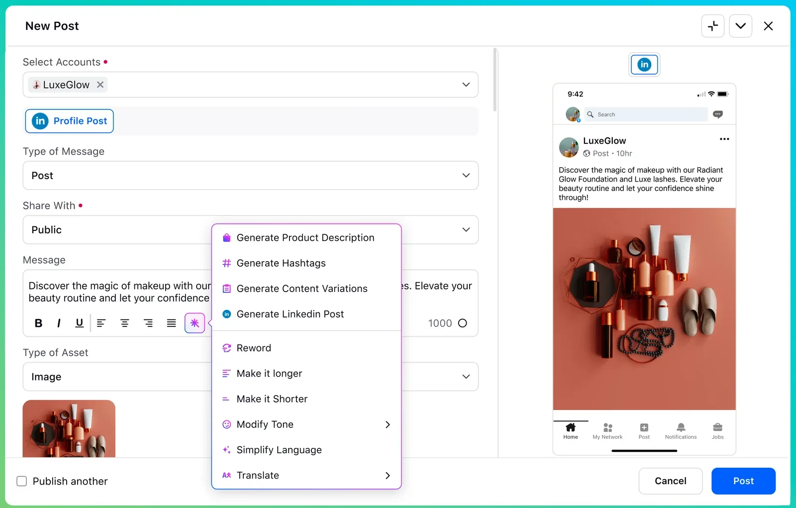 Sprinklr new post composer with an AI writing menu open beside a LinkedIn post preview