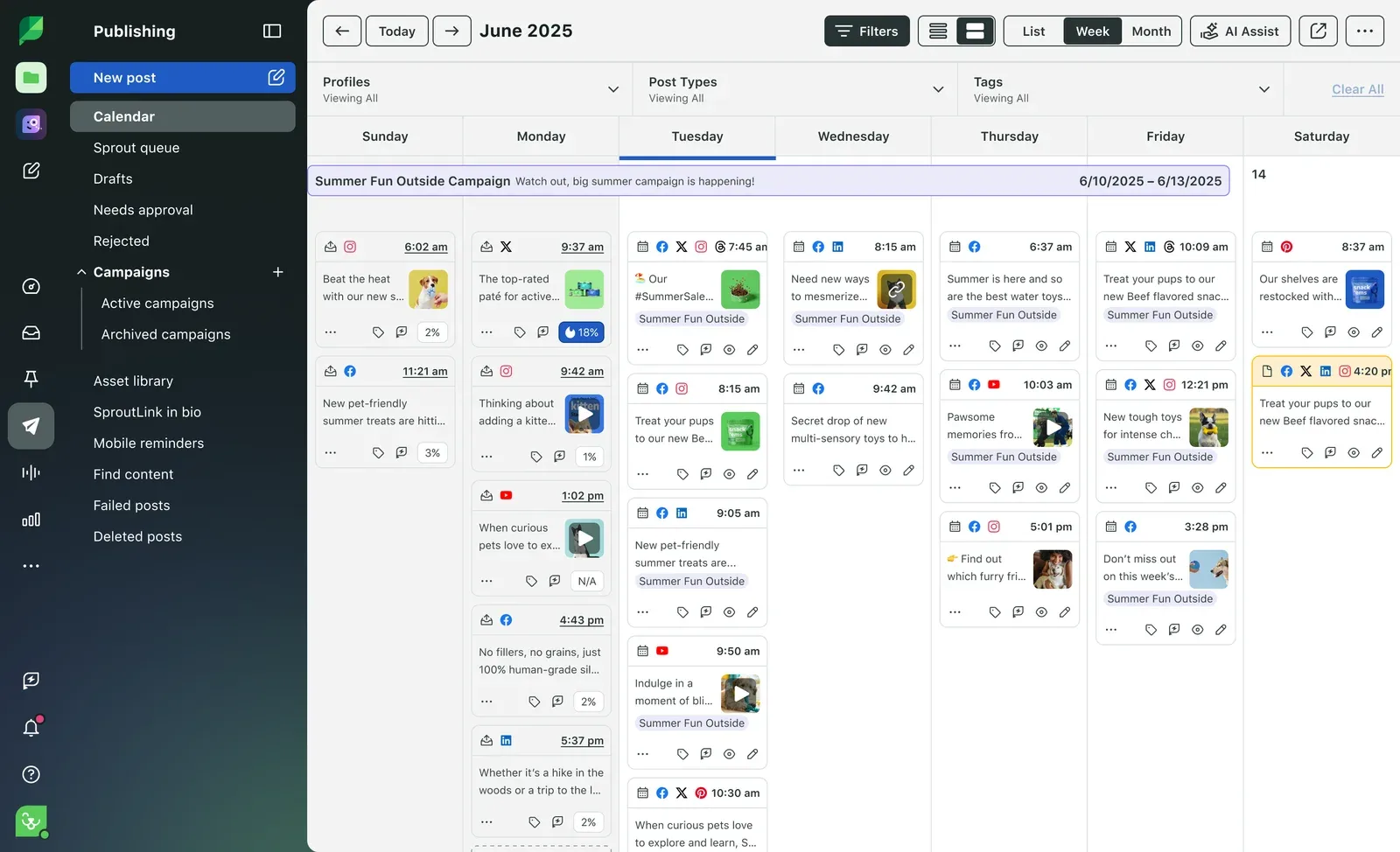 Sprout Social publishing calendar week view with a campaign banner and posts across six networks