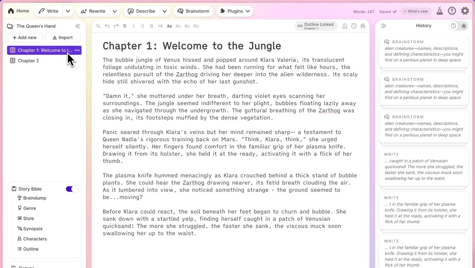 Sudowrite editor with Write, Rewrite, Describe and Brainstorm tools, a Story Bible sidebar and history