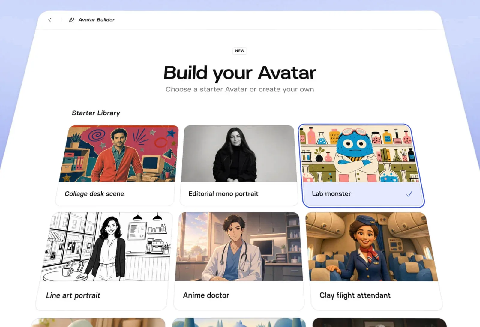 Synthesia: Avatar Builder ('Build your Avatar' starter library: collage, mono portrait, lab monster, anime doctor, clay flight attendant)