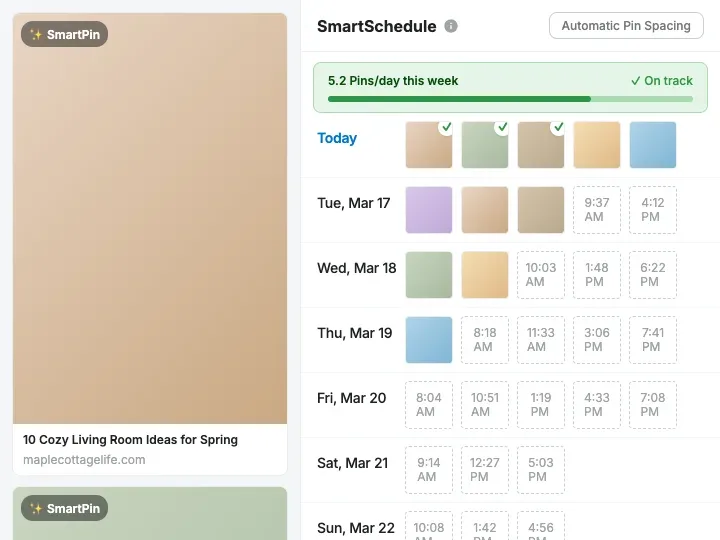 Tailwind SmartSchedule pin queue laid out by day with automatic pin spacing and a pins per day target