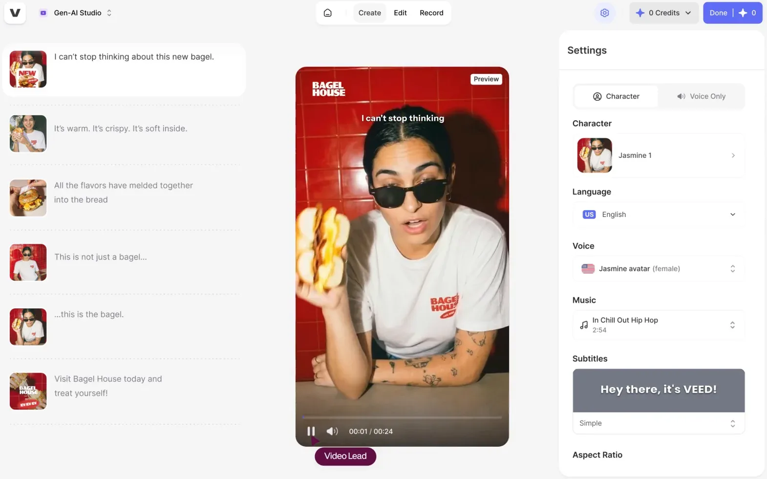 VEED.io: VEED Gen-AI Studio: script scenes on the left, vertical video preview with burned-in caption, settings for character, voice, music and Subtitles style