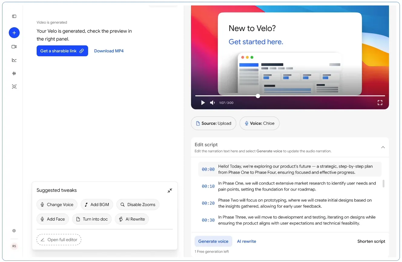 Velo generated video preview beside an Edit script panel with timed narration lines and voice options