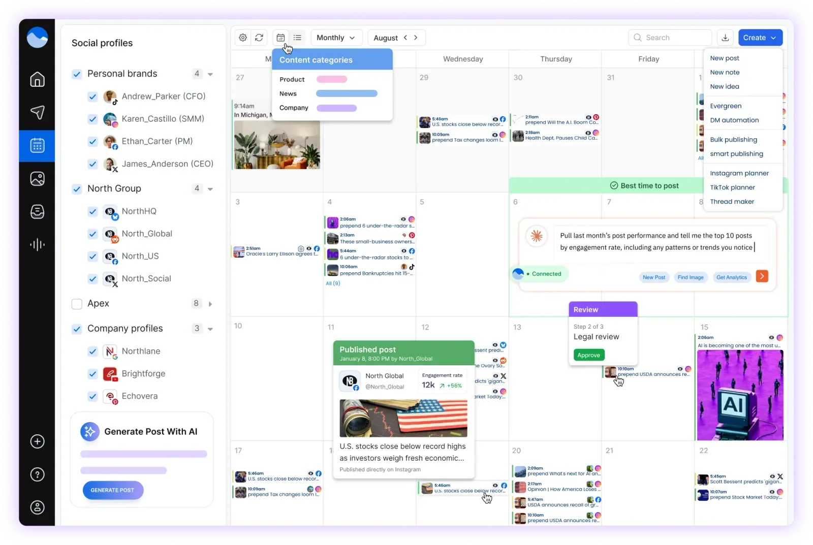 Vista Social publishing calendar with grouped profiles, a Create menu, review step and best time band