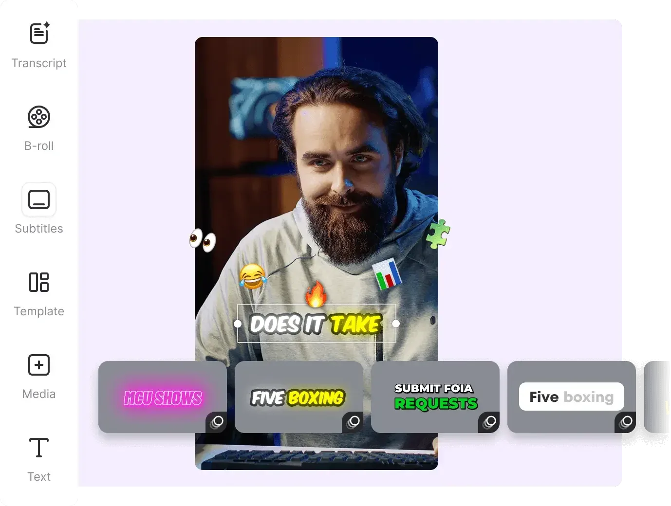 Vizard.ai editor with transcript, B-roll and subtitle tools and caption styles on a vertical clip
