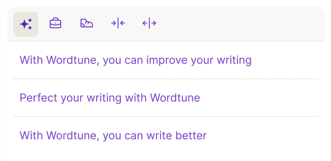 Wordtune rewrite card with tone and length options above three suggested rewrites of one sentence